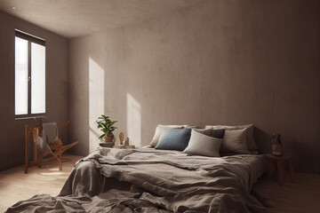 Cozy Bright Sustainable Earth Tone Primary Bedroom Interior with Organic Furniture and Wood in Spring Made with Generative AI