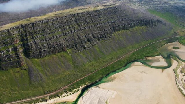 Aerial view of Tungurif Golden beach along the coastline, Westfjord, Iceland.