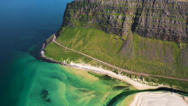 Aerial view of Tungurif Golden beach along the coastline, Westfjord, Iceland.