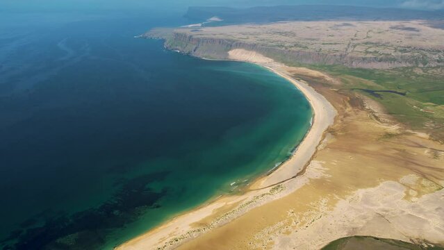 Aerial view of Tungurif Golden beach along the coastline, Westfjord, Iceland.