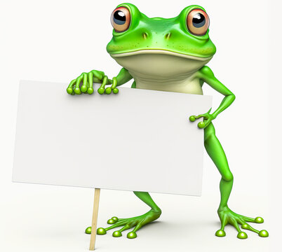 Cute frog mascot holding a blank cardboard sign with space for text, standing against a white background - perfect for conveying a message. Generative AI