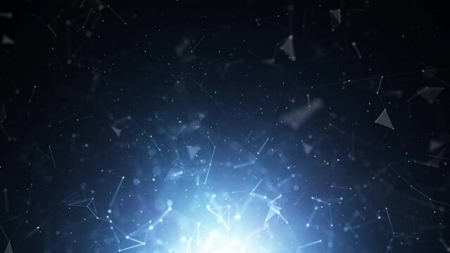 Artificial intelligence digital technology shiny flickering lines, dots and triangle shapes on dark blue copy space animation. Seamless looping background.