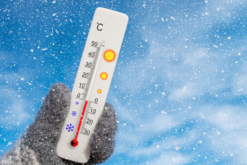 White celsius scale thermometer in hand. Ambient temperature zero degrees celsius