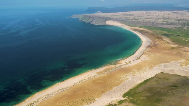 Aerial view of Tungurif Golden beach along the coastline, Westfjord, Iceland.