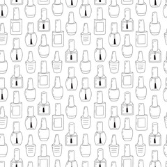 Obraz premium Vector gel polish glass bottles seamless pattern. Hand drawn gel polish bottles different shapes background