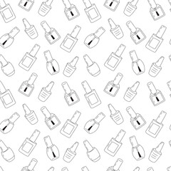 Vector gel polish glass bottles seamless pattern. Hand drawn gel polish bottles different shapes background