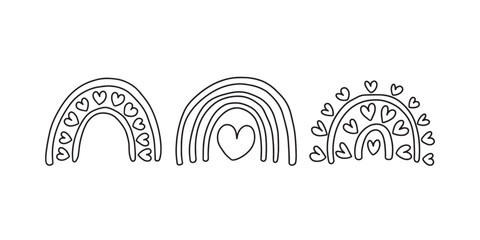 Cute doodle love rainbows set. Different kinds of rainbows with hearts vector set