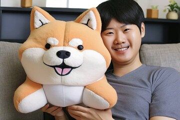 Happy Asian teenage boy with black hair and dark eyes hugging Shiba Inu dog pillow plush, AI Generative