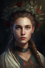 Portrait of a beautiful young girl, slav woman with a wreath on her head, generative ai