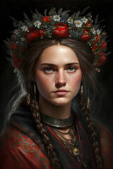 Naklejka na ściany i meble Portrait of a beautiful young girl, slav woman with a wreath on her head, generative ai