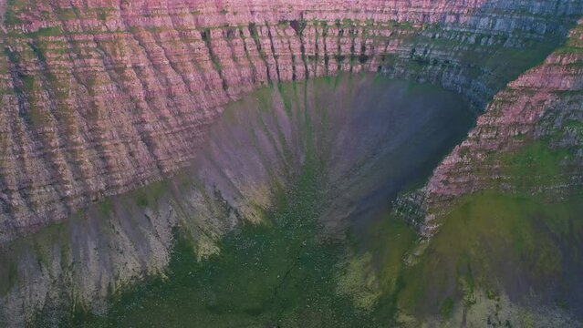 Aerial view of mountain crest at sunset, Tungurif Golden beach, Westfjord, Iceland.