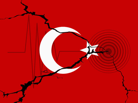 Turkey Earthquake concept on cracked flag. Pray for turkey.  Seismograph.  Cracked. 