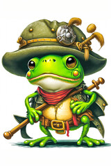 A vivid green frog dressed as a pirate or corsair sailor. Brings cheer to any backdrop with its friendly face. Perfect for any graphic project. Generative AI