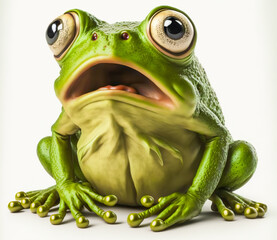 Scared green frog on a white background. Nice image, ideal for graphic and emotional projects. Generative AI