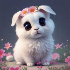 Fototapeta na wymiar a white cute adorable little rabbit with a flower in its hair sitting in a field of flowers and big ears, ai generated