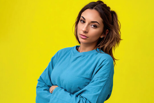 mujer en sudadera azul fondo amarillo