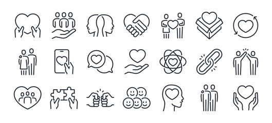 Love, friendship, care and charity concept editable stroke outline icons set isolated on white background flat vector illustration. Pixel perfect. 64 x 64. - obrazy, fototapety, plakaty