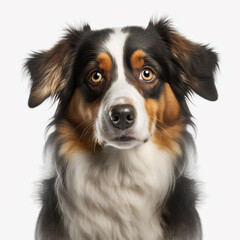 cute Aussie dog, looking directly to the camera, white background
