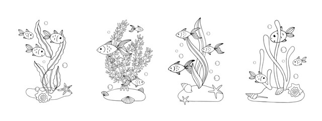 Coloring book, linear sketches of fish in algae at the bottom of the aquarium. Vector graphics.