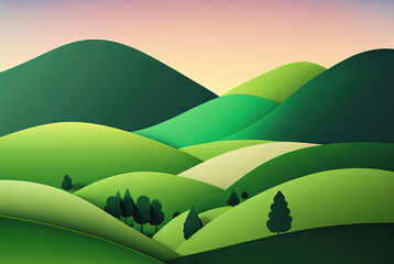 Abstract landscape wallpaper background illustration design with green hills and mountains. generative ai