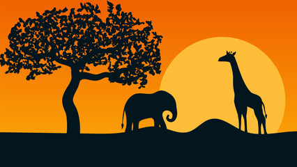 silhouettes of giraffe, elephant and tree at vivid orange sunset in savanna