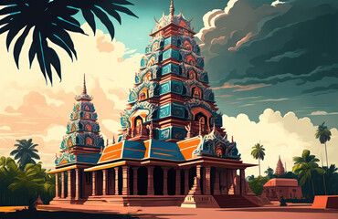 Beautiful view of the Hindu temple's colorful gopura in Chennai, Tamil Nadu, South India. Generative AI