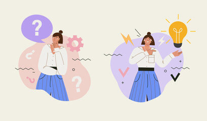 Woman thinks question,then get decision.Girl with speech bubble and choice question with doubt of her choice,then get bright idea for solve her problem.Make choice,decision concept,setting priorities.