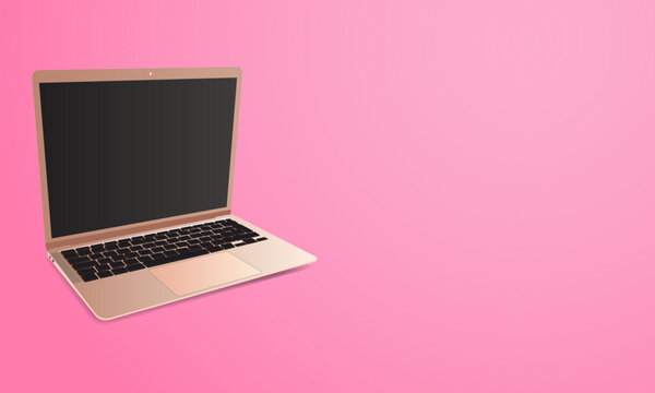 Horizontal Laptop banner. Laptop modern frameless with black screen isolated on pink background. Super high detailed photorealistic. Vector illustration isolated on pink background. EPS 10