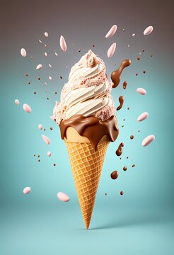 Frisches Milchspeise Eis in der Waffel schwungvolle Darstellung im Portrait, ai generativ