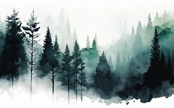 Winter foggy forest landscape. Watercolor illustration. Generative AI technology.