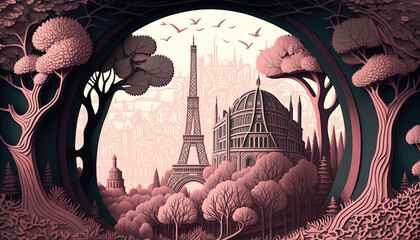 Paris landscape illustration. Eiffel Tower France. Multi layers, Paper-like. Generative AI.