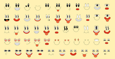 Retro groovy style smiley character face set. Hippy crazy emoji collection. Hippie psychedelic smile faces. Positive cartoon facial expressions. Vintage comic eye and mouth emotions elements. Vector