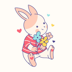 Vector illustration of a cute little bunny with bouquet of flowers, adorable spring print, baby shower card, nursery sticker.