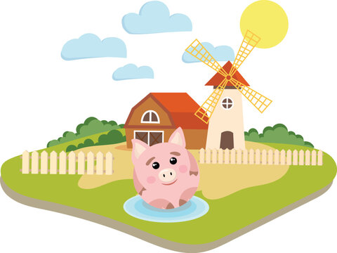 A pig is sitting in a puddle on a farm next to a fence with a mill and a barn. The sun is shining, the bushes are growing, the clouds are floating