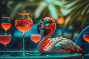 Bright flamingo bird in sunglasses rests on the beach by the pool under palm trees with a glass of fruit cocktail. Beautiful exotic tropical summer elegant holiday vacation concept. Generative AI