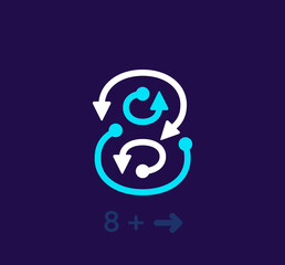 Linear number 8 logo. Unique logo. Abstract number, simple rotating arrow target. Corporate identity vector eps.