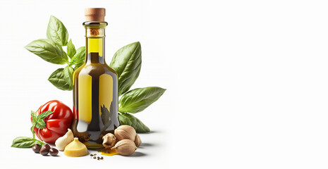 Obraz premium Extra virgen olive oil bottle with fresh basil and garlic Banner, Olive Oil from Jaén Andalusia Spain, Generative AI