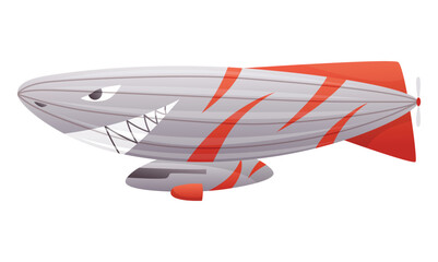 Zeppelin passenger airship. Bright colored cigar shaped balloon or retro zeppelin with stripes cabin for people elongated. Huge balloon with helium for free travel tourism. Vector cartoon art © designer_things