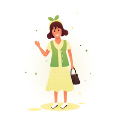 Vector illustration of a cute girl who smiles and greets someone with her hand. A girl with a bag in her hand goes to class. School uniform for girls. Illustration for educational posters, books.