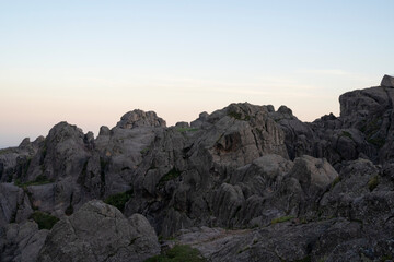 Panoramic view of the rock massif The Giants in Cordoba, Argentina, at sunset. Beautiful rock texture and dusk colors.
