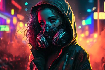 A beautiful anime girl in a hoodie wearing a gas mask in a colorful neon city at night, generative ai