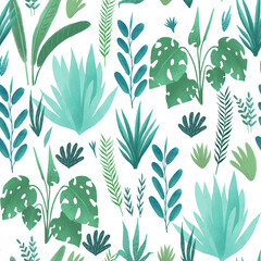 Seamless pattern with tropical plants, flowers and leaves on a white background.