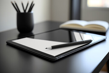 Modern ultra-thin tablet on a table, related to portable technology. Tablets are electronic devices that have a touch screen through which we can use their applications and navigate their menus.
