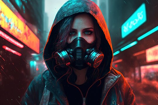 A woman in a hoodie with a gas mask standing in a colorful neon city, generative ai