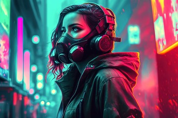 A beautiful anime style woman wearing a gas mask in a futuristic and colorful cyberpunk neon city, generative ai - obrazy, fototapety, plakaty