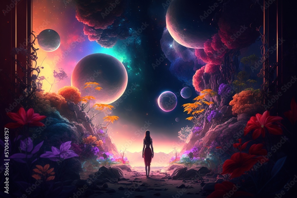 Wall mural a silhouette of a woman standing on a tropical planet and gazing at the colorful galactic neon sky a