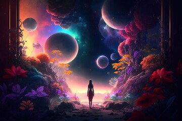 A silhouette of a woman standing on a tropical planet and gazing at the colorful galactic neon sky and different planets, generative ai © Dieter Holstein