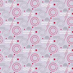 Modern pattern in memphis style. Different geometric shapes - circles and lines, triangles. Bright modern design. Vector on a light background. For packaging, textiles, clothing, covers and brochures,
