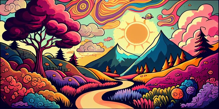 Colorful psychedelic landscape cartoon style wallpaper. 70s Hippie Clouds, Rainbows, sun, mountains background. Generative AI