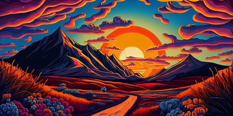 Colorful psychedelic landscape cartoon style wallpaper. 70s Hippie Clouds, Rainbows, sun, mountains background. Generative AI
